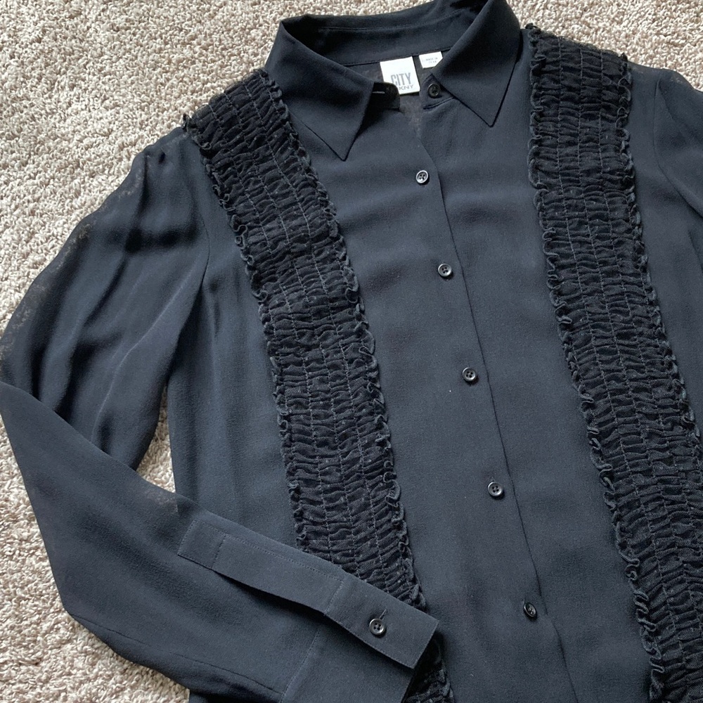 NWT Vintage DKNY CITY 90s Y2k Silk Tuxedo Ruffle Sheer Blouse Top Quiet Luxury